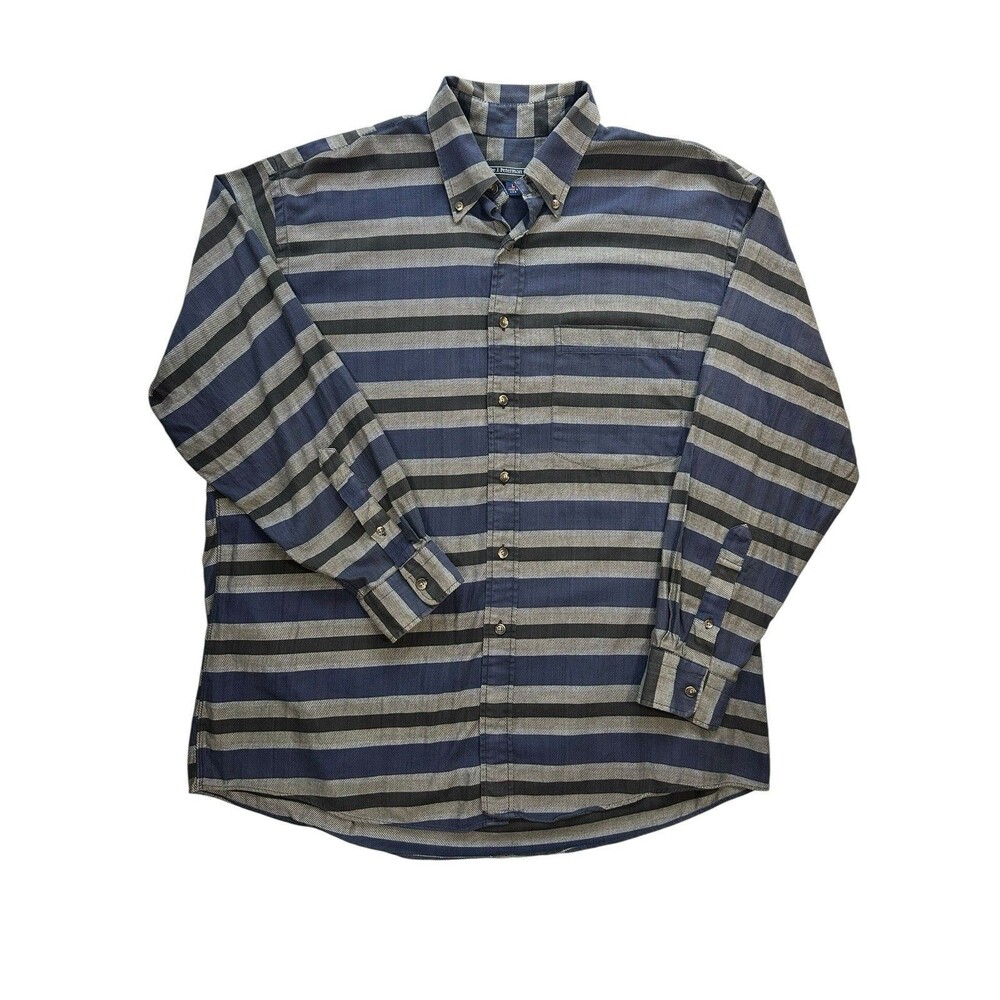 J Peterman Shirt Men's L Blue Black Striped Button Up Long Sleeve Band Collar